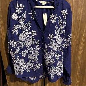 Pilcro Navy Floral Embroidered Blouse